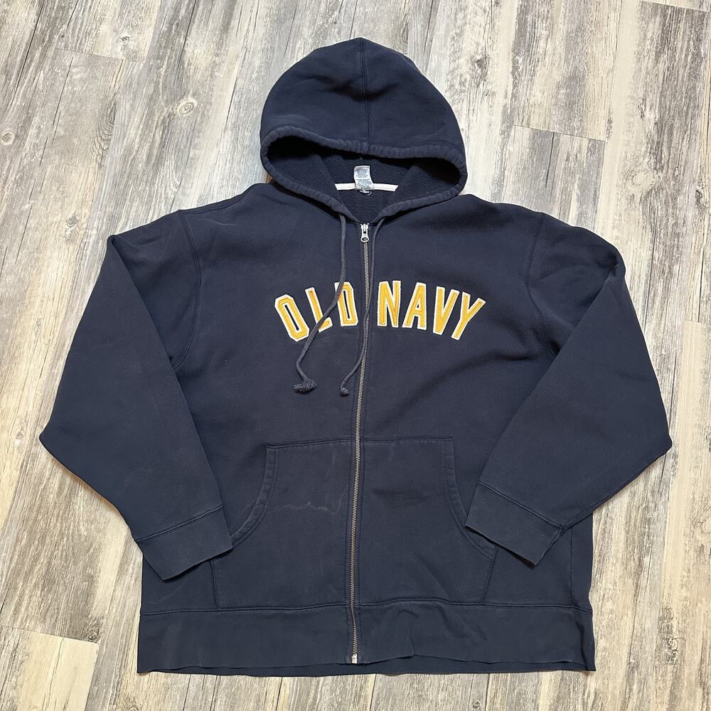 Y2K Old Navy Men's XXL Full Zip Hoodie Navy Blue Fleece Lined Drawstring Hood